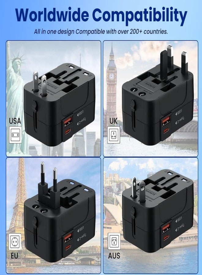 ماك محول سفر عالمي من MAK مزود بمنفذ إخراج USB-A بقوة 18 وات ومنفذ Type-C PD بقوة 20 وات، محول شحن سريع دولي شامل، مناسب لأكثر من 200 دولة (الولايات المتحدة، المملكة المتحدة، الاتحاد الأوروبي، أستراليا، إلخ) (أسود) - Image 3